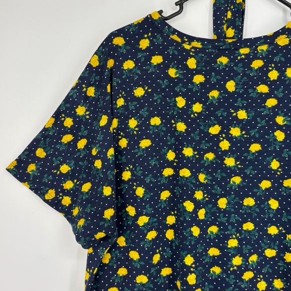LuLaRoe Size 2XL Midi Dress Navy Blue Yellow Rose Floral Polka Dot Belt Short Sl - Picture 7 of 10